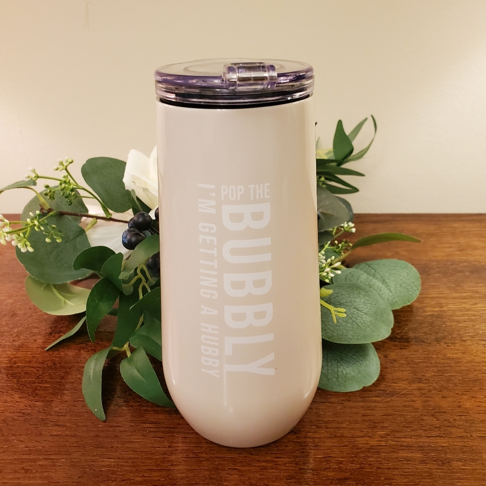 Insulated Stainless Steel Champagne Flute in Dusty Rose w/white letters